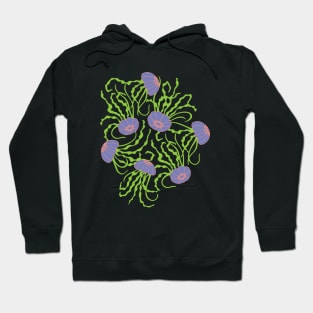 JELLIES Gently Swimming Jellyfish Coastal Ocean Undersea Aquarium Sea Creatures in 1970s Retro Purple Green on Hot Pink - UnBlink Studio by Jackie Tahara Hoodie